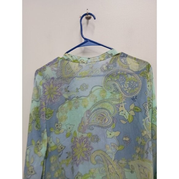 Susan Graver Womens Tunic Top Size Medium Blue Green Paisley Chiffon Blouse - Picture 9 of 9